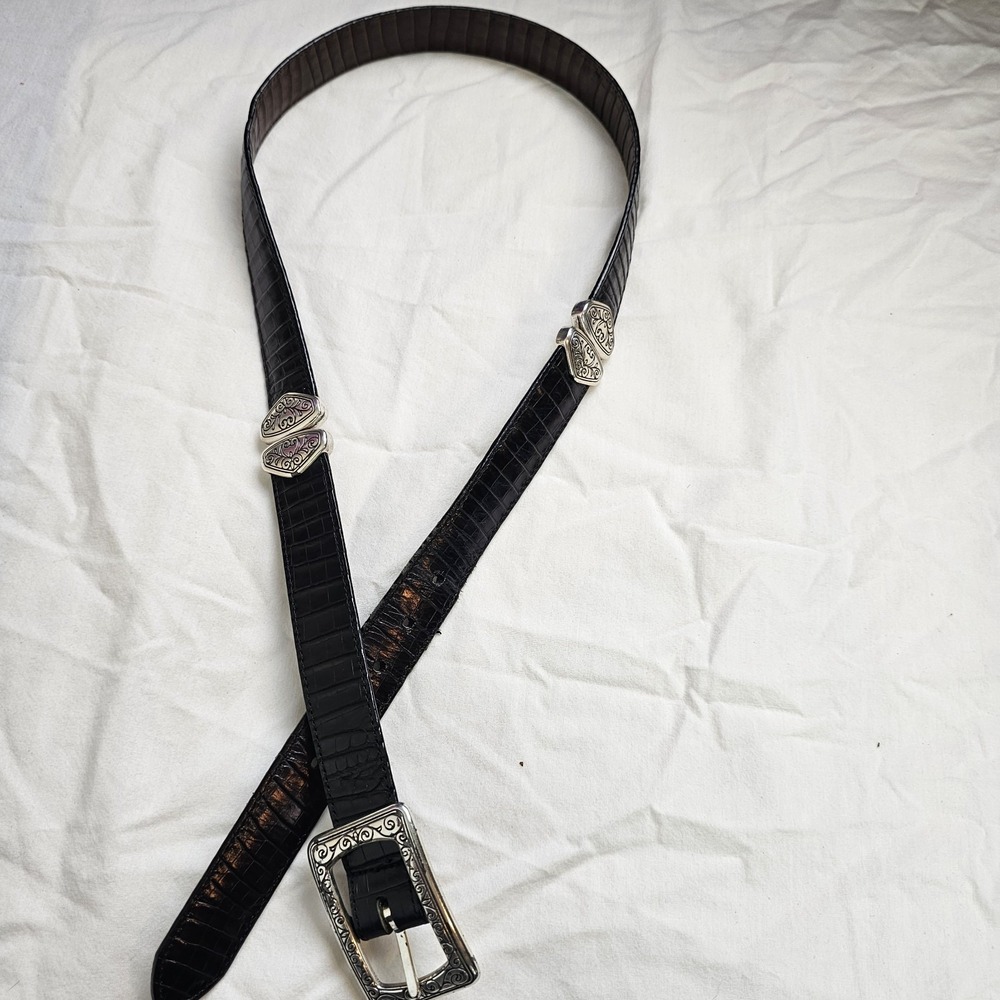 Brighton Womens Croc Embossed Leather Western Belt Black Silver Buckle 40430 32